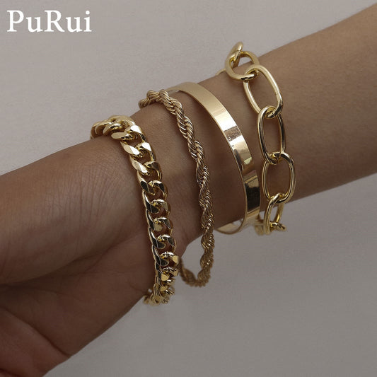 Puruvi 4pcs Punk Curb Cuban Chain Bracelets Set for Women